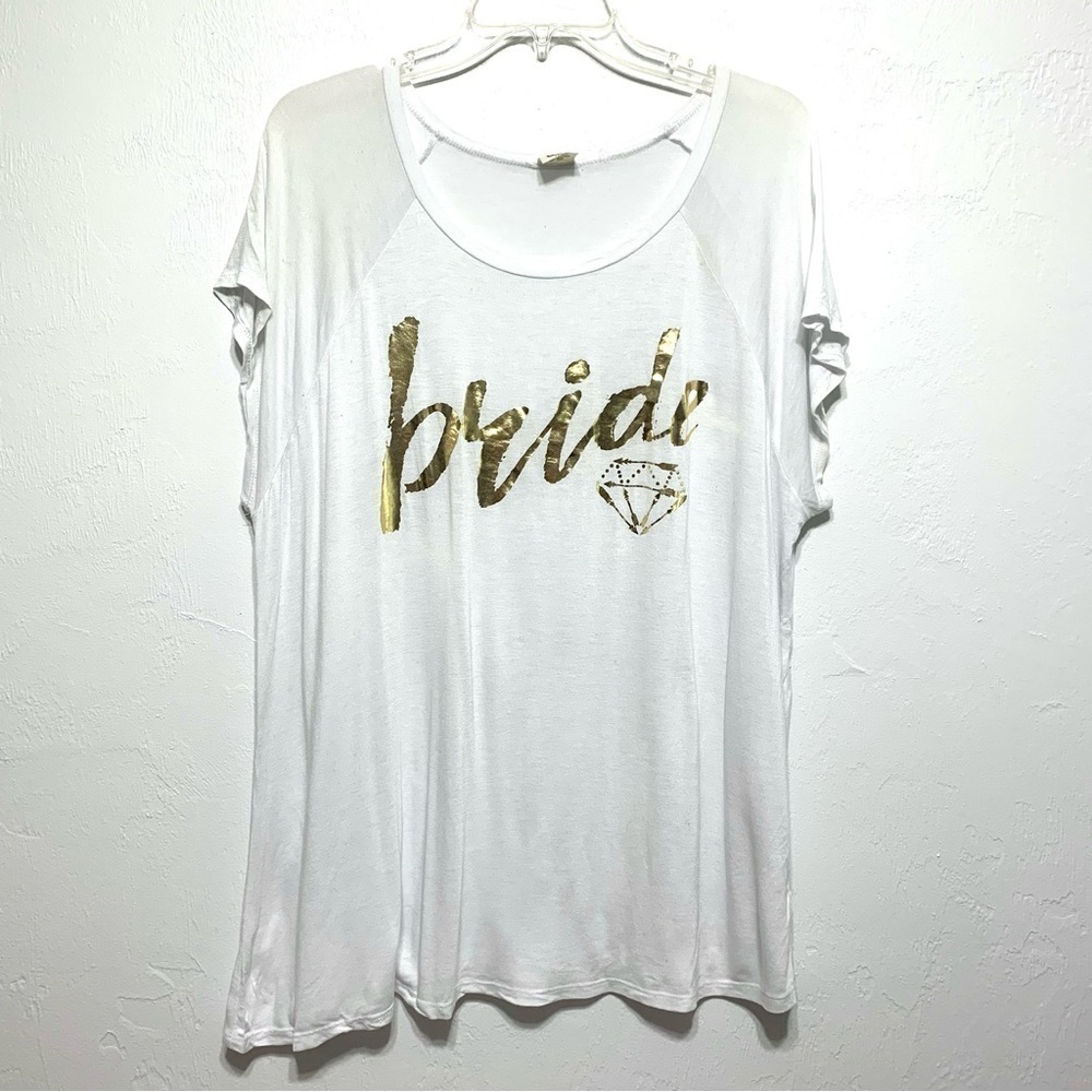 Pink Foot White & Gold Bride Engagement Round Neck Short Sleeve Top size 1XL
